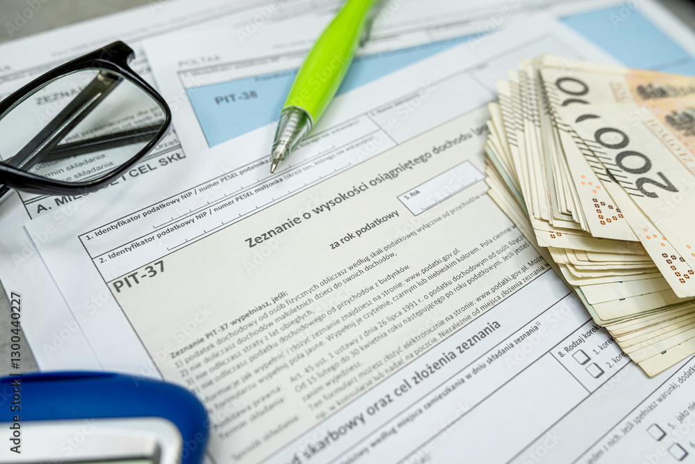 Polish tax form pit 36 PIT-37 pit 38 with pen calculator glasses on accountant table. Taxation concept Polish tax form pit 36 PIT-37 pit 38 with pen calculator glasses on accountant table. Taxation concept