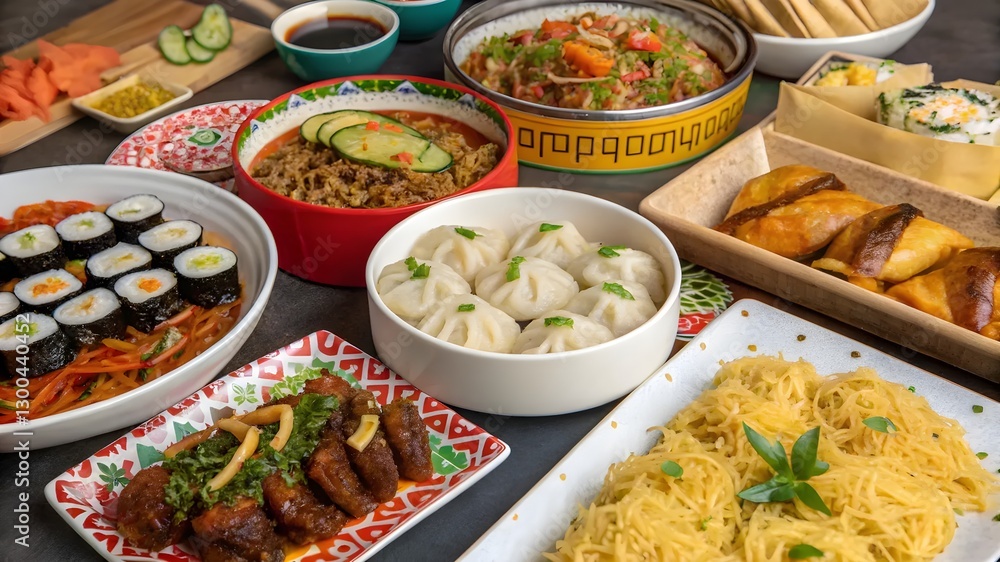 A vibrant table filled with a variety of delicious foods, showcasing colorful dishes and enticing flavors A vibrant table filled with a variety of delicious foods, showcasing colorful dishes and enticing flavors