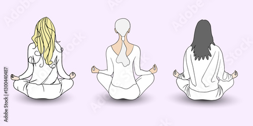 Three women with different hairstyles and different hair colors meditating in the lotus position.