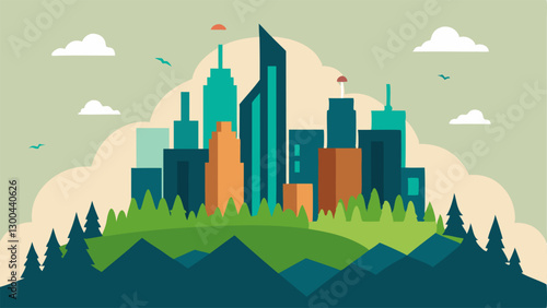 Urban Sprawl A skyline depicting towering buildings advancing towards a serene mountain landscape encroaching on natural space symbolized by trees and wildlife fleeing.