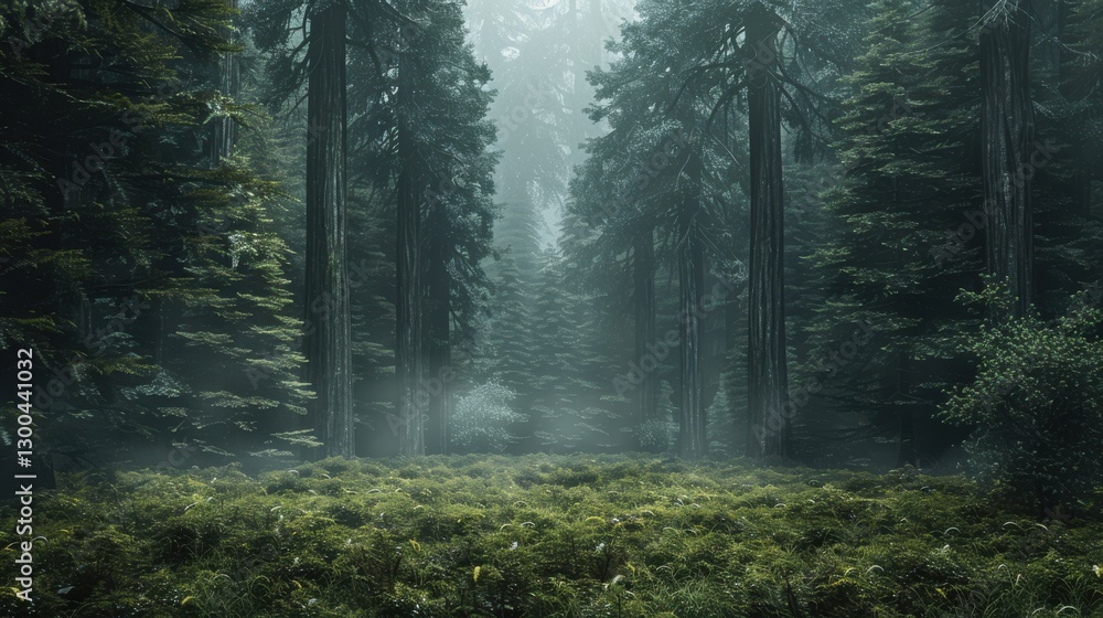 Obraz premium Misty Forest Landscape with Lush Foliage Underneath Tall Trees in Serene Atmosphere