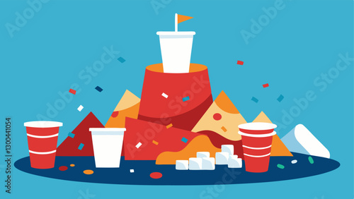 Wasteful Party Scene An of a party with disposable plates cups and decorations with a large pile of waste in the center portraying the waste generated from celebration
