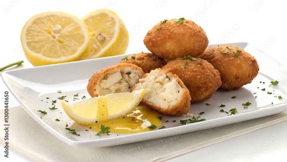 Codfish Balls with Lemon on a White Background Codfish Balls with Lemon on a White Background