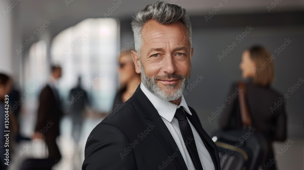 Confident businessman in formal attire smiling at camera in modern office Confident businessman in formal attire smiling at camera in modern office