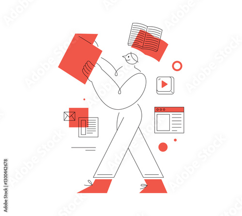 Busy Student. Learning and education. Line illustration. A walking person. Abstract style.