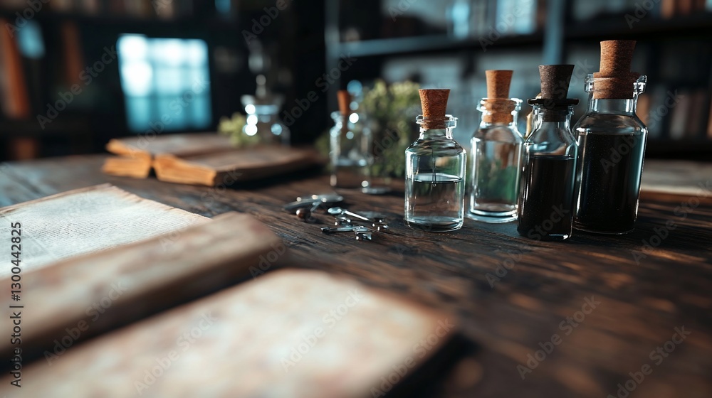 Alchemy lab, bottles, books, library background. Website design Alchemy lab, bottles, books, library background. Website design