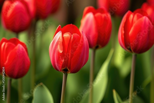 A bouquet of vibrant red tulips surrounded by lush green leaves, perfect for spring or summer decorations