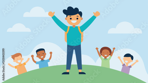 Victory Over Bullying A triumphant student standing on a hill with friends raising their arms in victory after standing up against bullying with smiles on everyones faces.