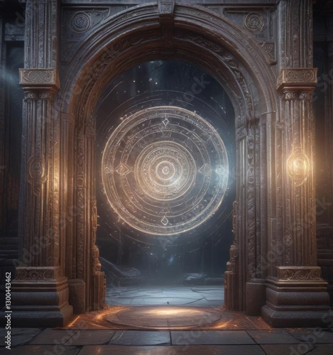 Ancient portal with intricate holographic patterns and swirling energies ,  portal,  patterns