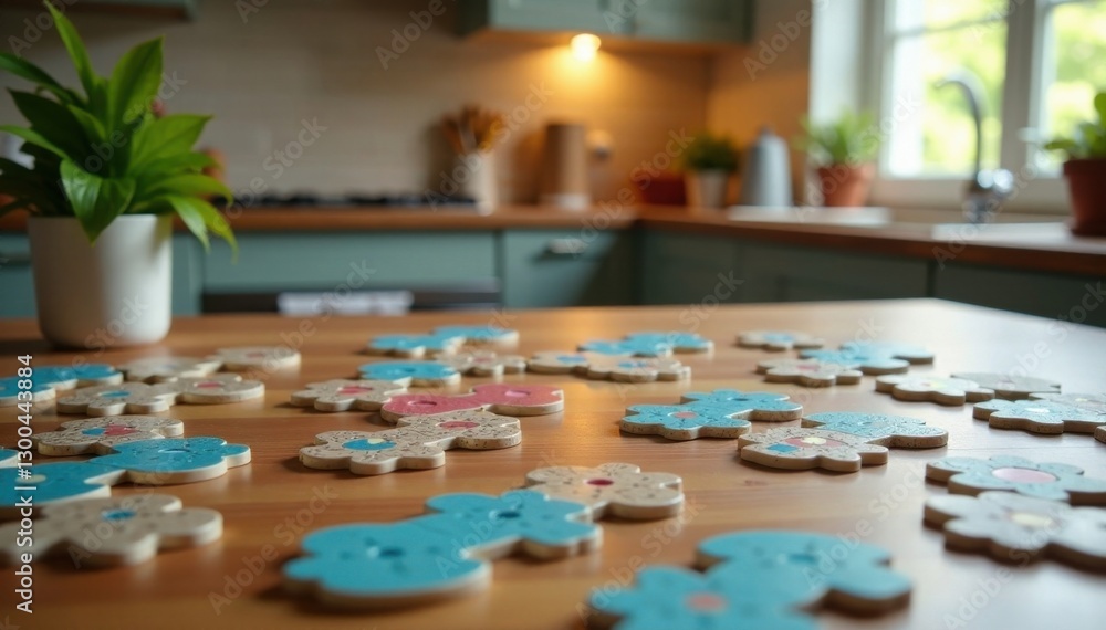 Board game pieces scattered on a table amidst blurred kitchen room decor , board games, drinks Board game pieces scattered on a table amidst blurred kitchen room decor , board games, drinks