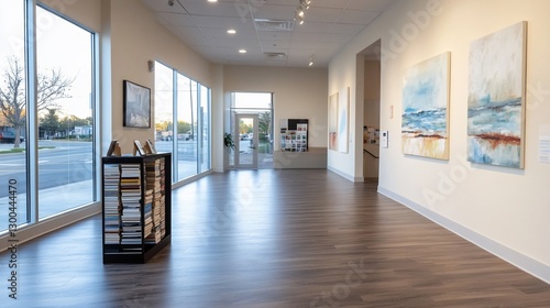 Art gallery interior  daytime  books display  street view