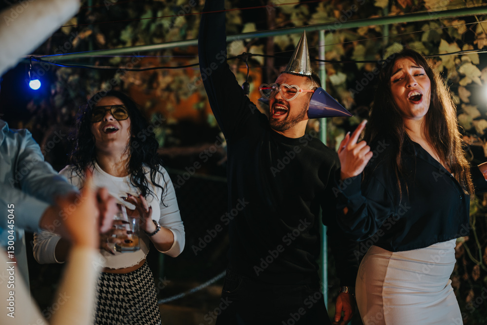 Fototapeta premium A group of cheerful friends engage in a lively party outdoors at night, donning fun accessories and enjoying the vibrant atmosphere. Perfect for portraying social gatherings, joyful events, and