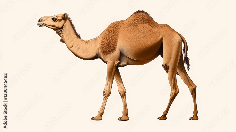 Naklejka premium Light Brown Dromedary Camel Walking Against Beige Background