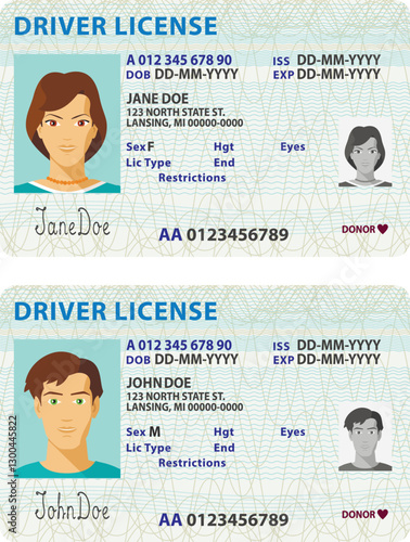 Vector template of typical toy driver license plastic card for USA