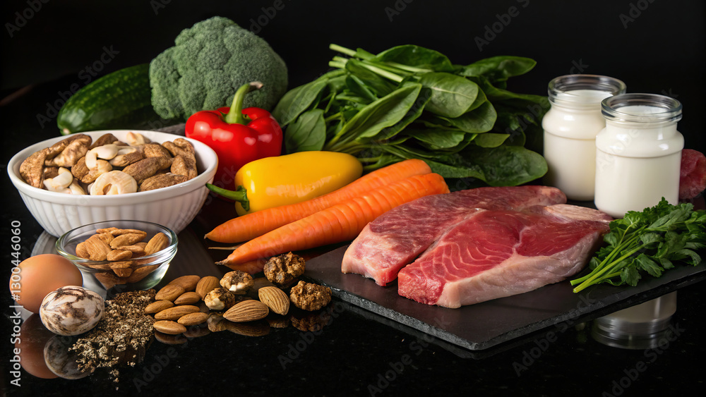 Paleodiet (Stone Age Diet) - meat, fish, eggs, vegetables, fruits, nuts, seeds, herbs, mushrooms, natural oils (olive, coconut, avocado), honey. Great for advertising fitness, restaurants and healthy Paleodiet (Stone Age Diet) - meat, fish, eggs, vegetables, fruits, nuts, seeds, herbs, mushrooms, natural oils (olive, coconut, avocado), honey. Great for advertising fitness, restaurants and healthy