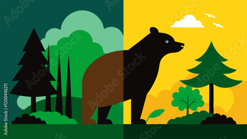 Wildlife Threat A showing a bear and a bird in a forest that is half lush and half blackened from pollution showcasing the habitat loss due to fossil fuel extraction.