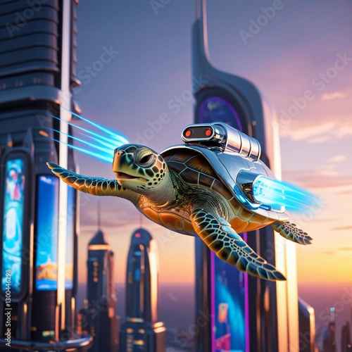 A turtle wearing a jetpack flying through a futuristic city