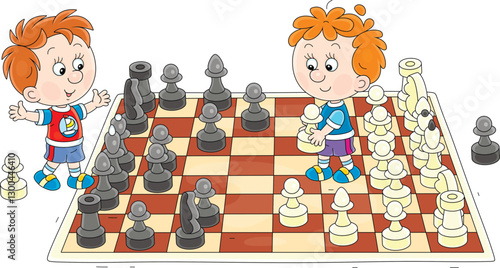 Cheerful little boys playing chess on a large chessboard and talking friendly on a playground in a park, vector cartoon illustration on a white background