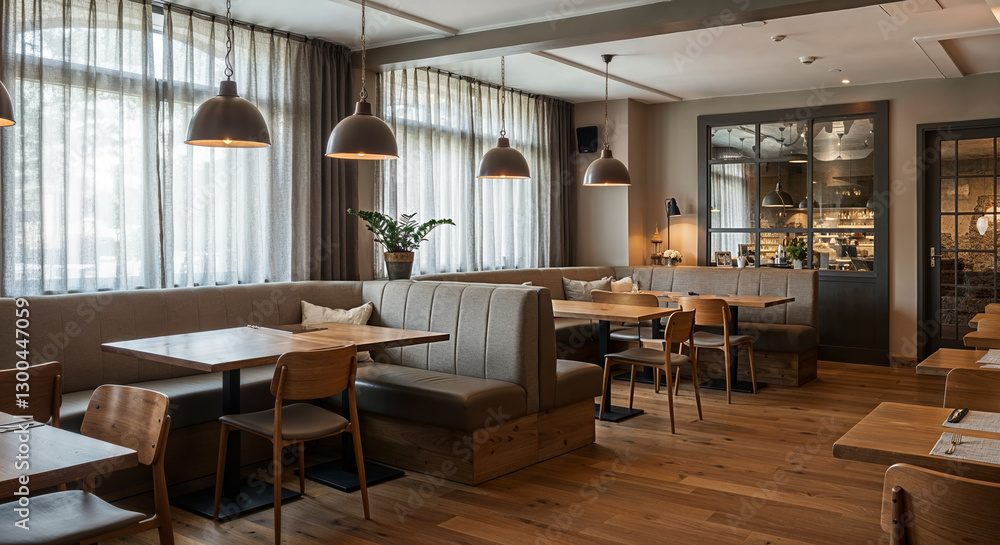 Stylish restaurant dining area featuring modern decor and cozy ambiance with warm wooden details and inviting lighting Stylish restaurant dining area featuring modern decor and cozy ambiance with warm wooden details and inviting lighting