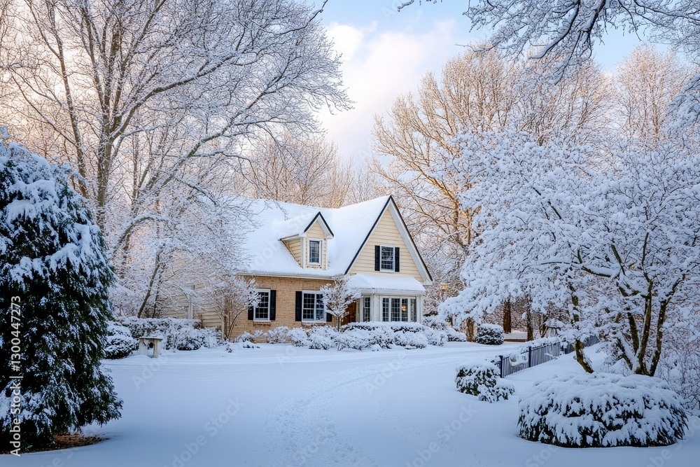 Winter wonderland home covered in fresh falling snow. Winter wonderland home covered in fresh falling snow.