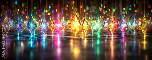 Vibrant, iridescent diamonds suspended midair reflect a kaleidoscopic light show onto a shimmering surface.  This captivating image evokes luxury, innovation, and celebration.