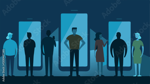 Unseen Reality Silhouettes of individuals in front of smartphones shining light where intangible things like confidence and authenticity fade into shadows ing the pressure