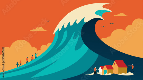 Tsunami Wave A dramatic depiction of a towering tsunami wave approaching a coastal area with people evacuating on higher ground.