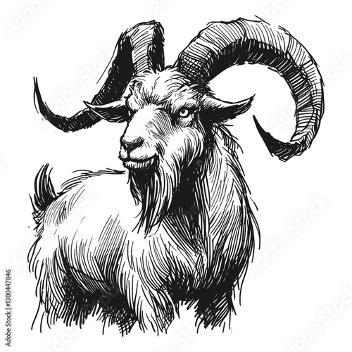 Goat angry line art drawing ink sketch vector hand drawn illustration background cranky and crossed a bad mood in focus