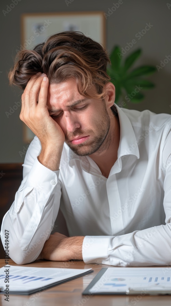 Young Man in White Shirt Expressing Stress at Work with Documents on Table Young Man in White Shirt Expressing Stress at Work with Documents on Table