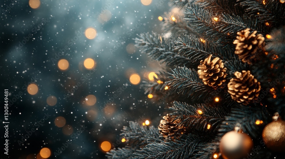 Fototapeta premium Festive Holiday Season Pine Tree Decoration with Golden Lights and Snow Flurries Celebration Decor
