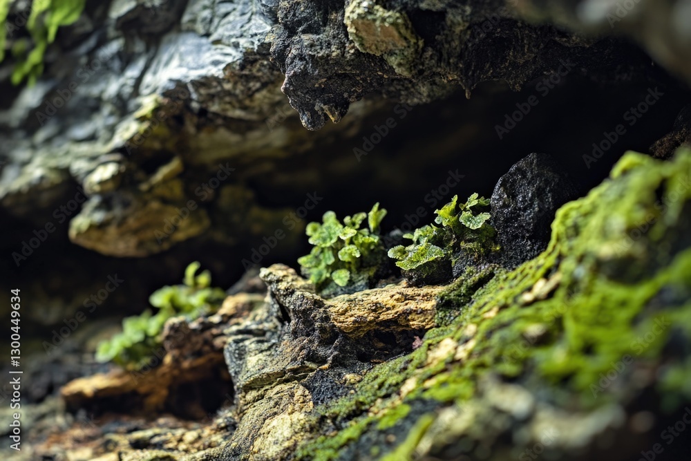 A close-up of a plant growing out of a rocky surface, with green leaves and stem A close-up of a plant growing out of a rocky surface, with green leaves and stem