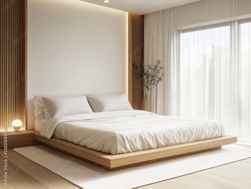 Fototapeta premium A beautifully designed bedroom with minimalist aesthetic and bright lighting