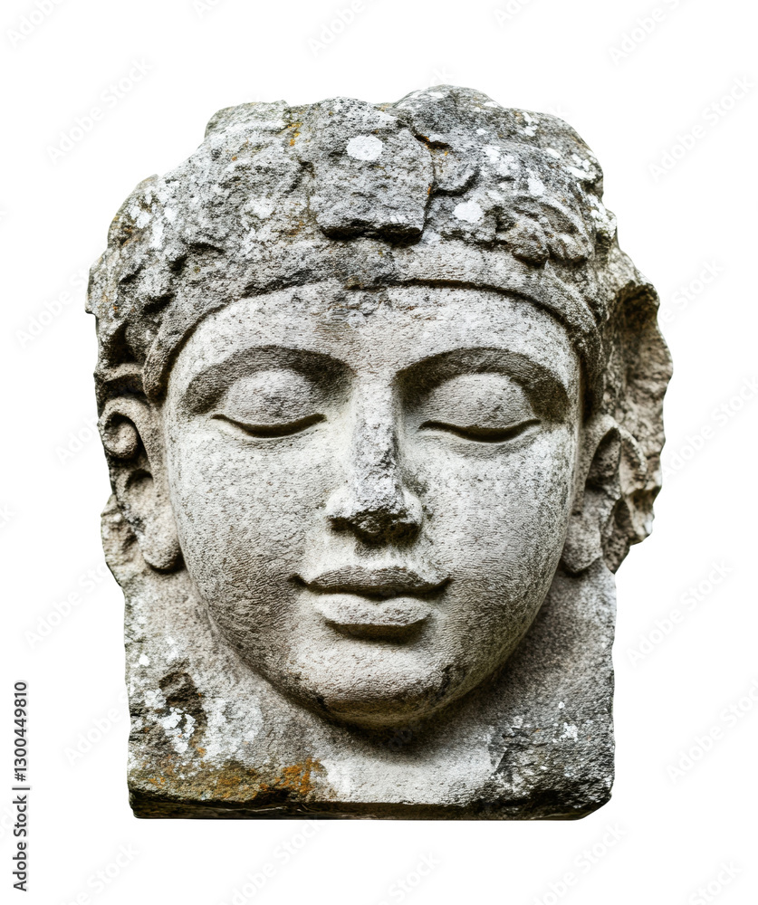 This stone sculpture features a serene face with a peaceful expression and intricate detailing, cut out This stone sculpture features a serene face with a peaceful expression and intricate detailing, cut out
