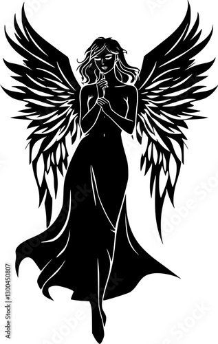 Minimalist outline of a woman with angel wings spiritual and ethereal style.
