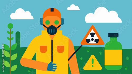 Unsafe Conditions in Agriculture A field worker surrounded by toxic pesticides without proper protective gear with a warning sign about chemical exposure in the background