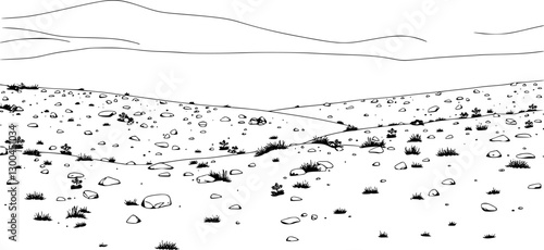 Outline tundra landscape with small plants simple vector illustration.