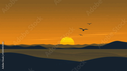 Outline sunset landscape with hills and birds simple vector illustration.