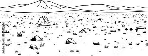 Outline tundra landscape with small plants simple vector illustration.