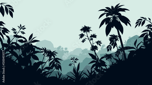 Outline jungle landscape with tropical leaves simple monochrome vector.