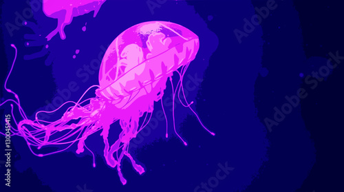 Neon jellyfish vector illustration with glowing translucent effect in deep sea tones.