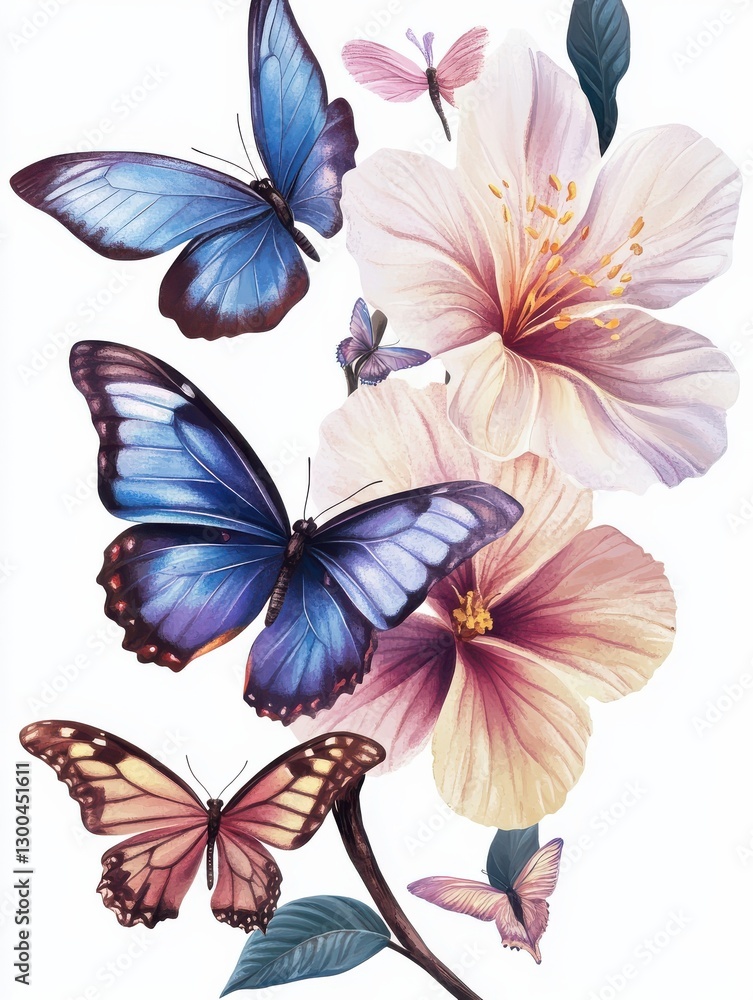 Obraz premium Butterflies and flowers. Isolated branch, flower and butterfly. Dragonfly, flying insects and natural elements. Summer spring season kit