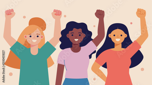 Women Rising An empowering of a group of women from various cultures standing together with fists raised and slogans on their shirts showcasing womens rights and empowerment.
