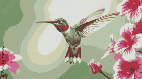Realistic hummingbird vector illustration hovering near flowers with iridescent feathers.