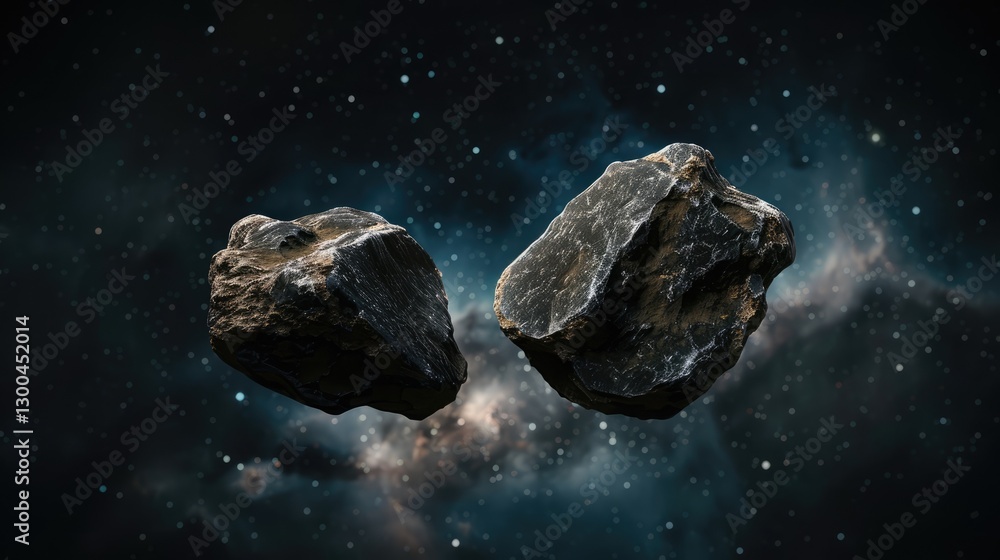 Two rocky asteroids floating in a cosmic space background filled with stars and nebulae, showcasing celestial beauty Two rocky asteroids floating in a cosmic space background filled with stars and nebulae, showcasing celestial beauty