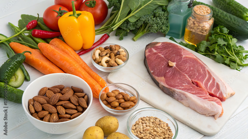 Paleodiet (Stone Age Diet) - meat, fish, eggs, vegetables, fruits, nuts, seeds, herbs, mushrooms, natural oils (olive, coconut, avocado), honey. Great for advertising fitness, restaurants and healthy Paleodiet (Stone Age Diet) - meat, fish, eggs, vegetables, fruits, nuts, seeds, herbs, mushrooms, natural oils (olive, coconut, avocado), honey. Great for advertising fitness, restaurants and healthy