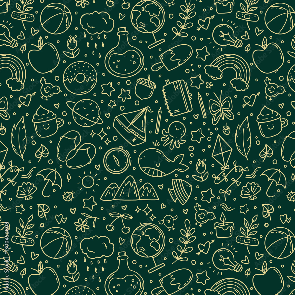 Naklejka premium Hand drawn vector seamless pattern of summer and holiday doodle elements. Beach and warm weather related sketch objects