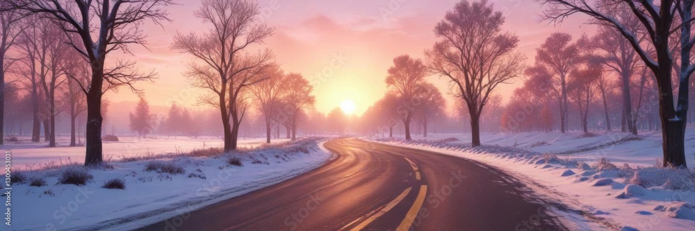 Serene landscape with snow-covered trees leading to a colorful sunrise amidst a vast open road, colorful sunrise, landscape Serene landscape with snow-covered trees leading to a colorful sunrise amidst a vast open road, colorful sunrise, landscape