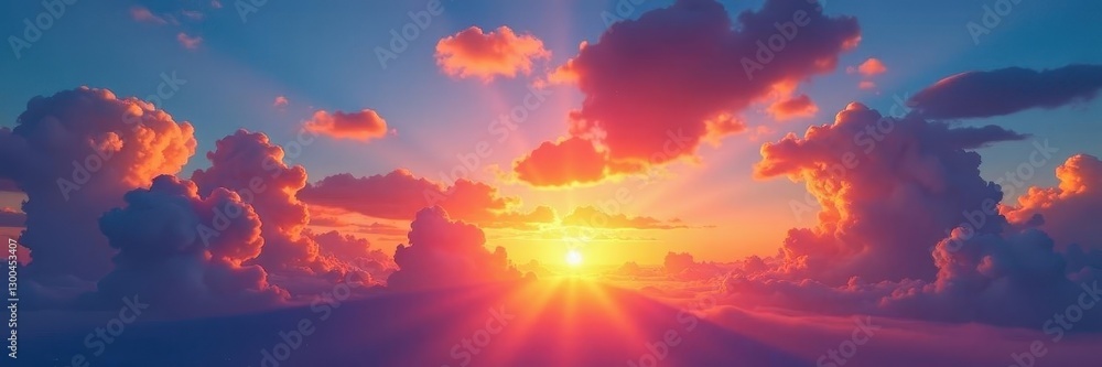 Naklejka premium Fiery sunset cloudscape, vibrant hues across blue sky, art, blue