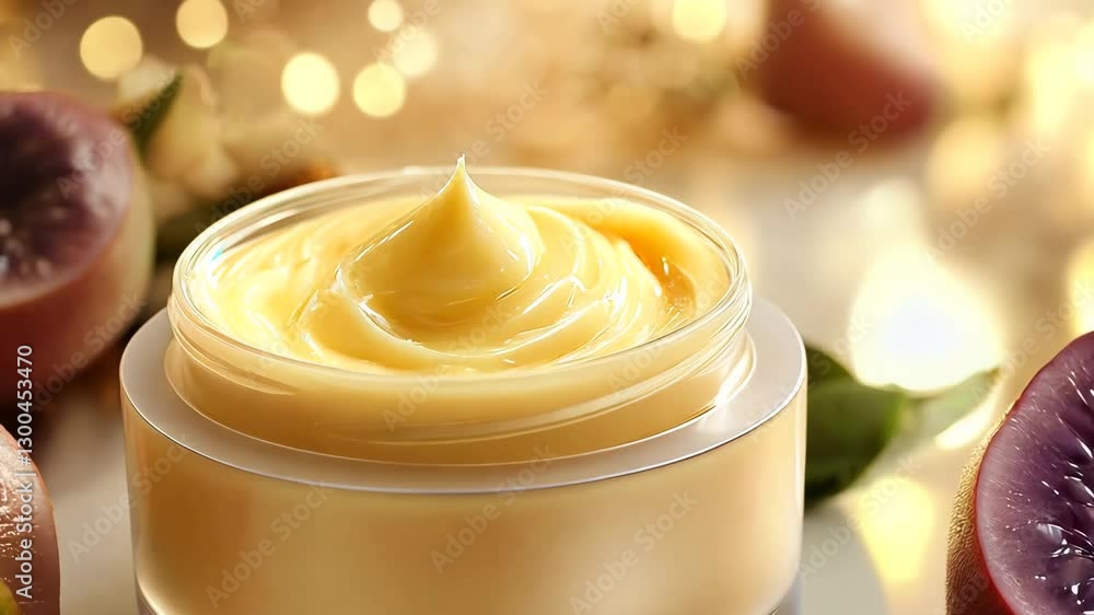 A rich, golden body cream in an elegant jar, surrounded by fresh exotic fruits and lush greenery, illuminated by warm golden lighting. The luxurious setting highlights nourishment, hydration A rich, golden body cream in an elegant jar, surrounded by fresh exotic fruits and lush greenery, illuminated by warm golden lighting. The luxurious setting highlights nourishment, hydration
