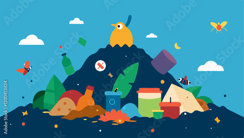 Waste Dump Site A heap of garbage stacked high featuring a mix of organic waste and plastic. Insects and scavengers are depicted rummaging through the refuse.
